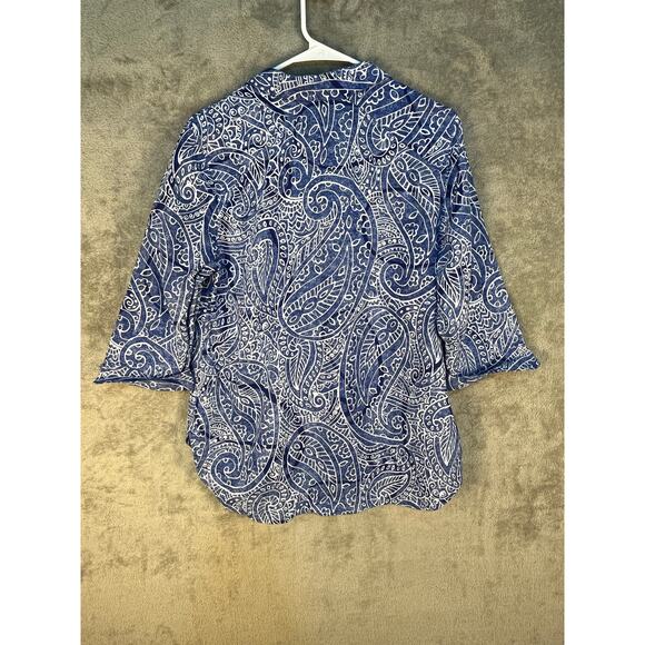 Chico's Linen Blouse Size Medium Blue Paisley 3/4 Sleeve Vacation Preppy - Picture 4 of 6